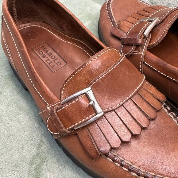 VTG Leather Loafers Harold Powell Men Sz 8M Brown Fringe Buckle Vibram Gumlite - Picture 1 of 11
